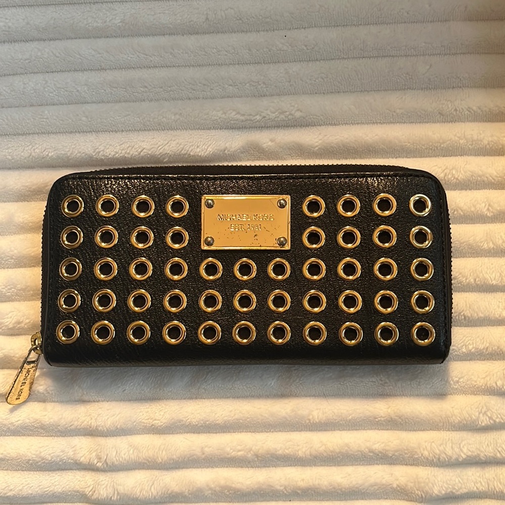 Michael Kors Wallet Black Leather & Gold Metal